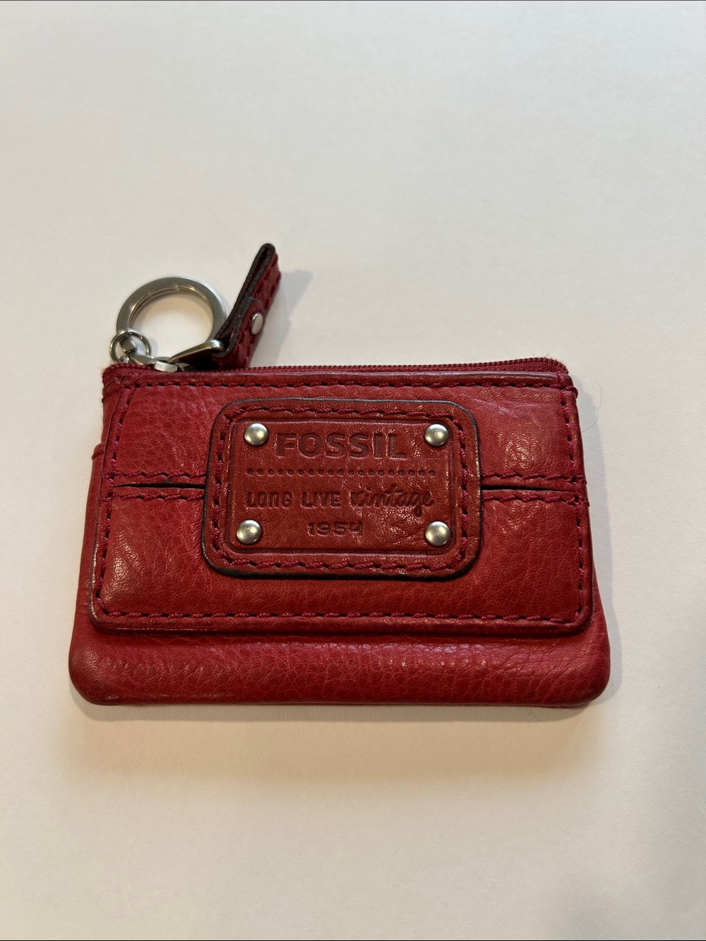 Fossil Deep Red Leather Zip Keyring Wallet